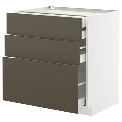 METOD kitchen unit, 3 drawers, grey-brown fronts, white frame, modern design.