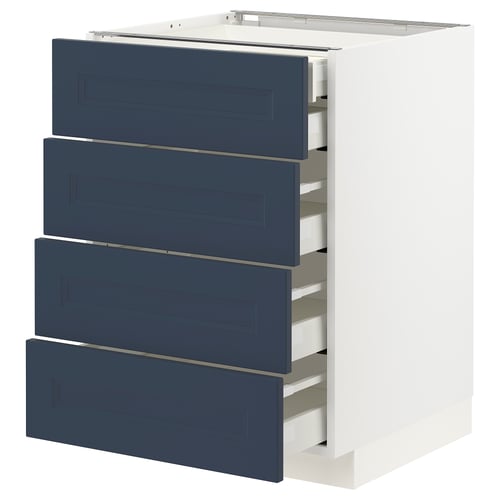 Modern kitchen unit with four blue drawers and white base, sleek and stylish design.
