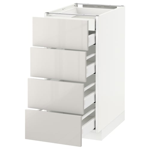 White METOD kitchen unit with four grey high-gloss drawers, sleek and modern design.