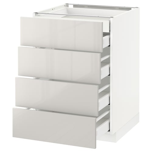 White modern kitchen unit, four level drawers, sleek design, glossy finish.