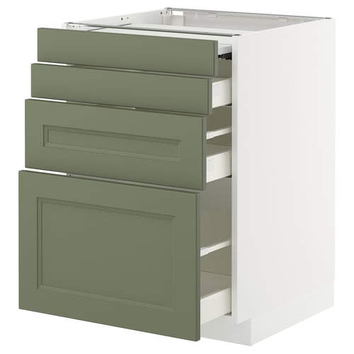 Green ikea METOD kitchen unit with multiple drawers and a cabinet.