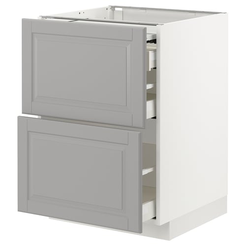 White kitchen cabinet with grey drawers, 3 compartments.