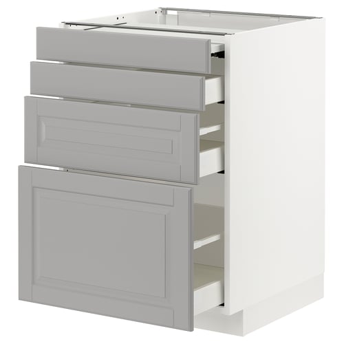 Modern kitchen unit with grey drawers and white base, sleek and minimalist design.
