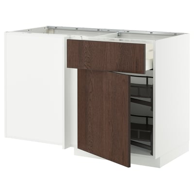 METOD / MAXIMERA Corner base cab w drawer and p-out, white/Sinarp brown, 128x68 cm