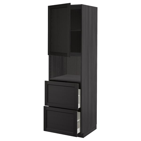 METOD / MAXIMERA Hi cab f micro w door/2 drawers, black/Lerhyttan black stained, 60x60x200 cm