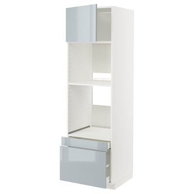 A white METOD kitchen unit with high-gloss grey-blue kallarp fronts. It open shelves, a drawer, and a cabinet with a door.