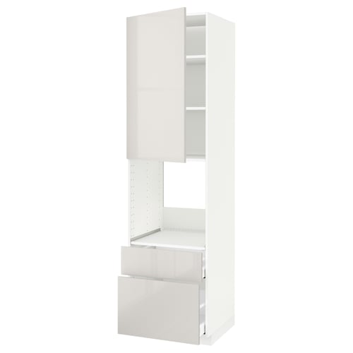 An ikea METOD kitchen unit in white with high gloss grey fronts, featuring cabinets and drawers.