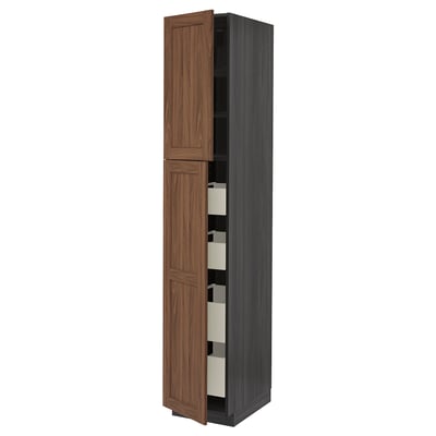 METOD / MAXIMERA Hi cab w 2 doors/4 drawers, black Enköping/brown walnut effect, 40x60x220 cm