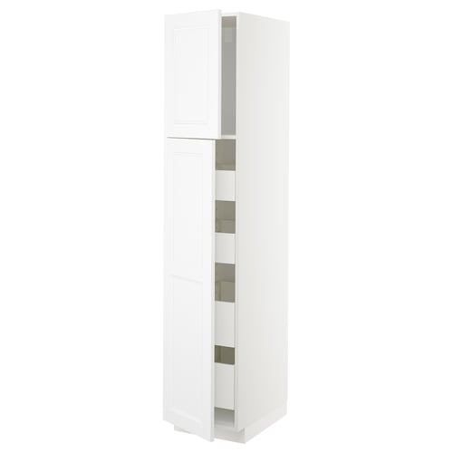 A white METOD kitchen cabinet with two doors and multiple shelves. It has a sleek, modern design with a sturdy frame and smooth-running drawers.