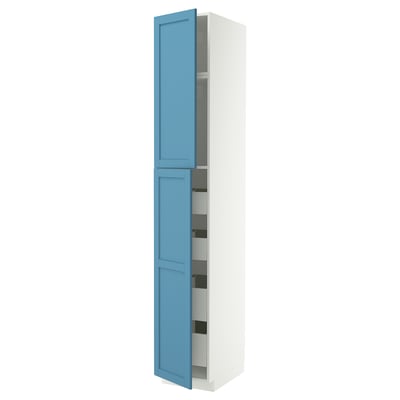Light blue METOD cabinet with white frame, two doors, three drawers open. Modern, functional.