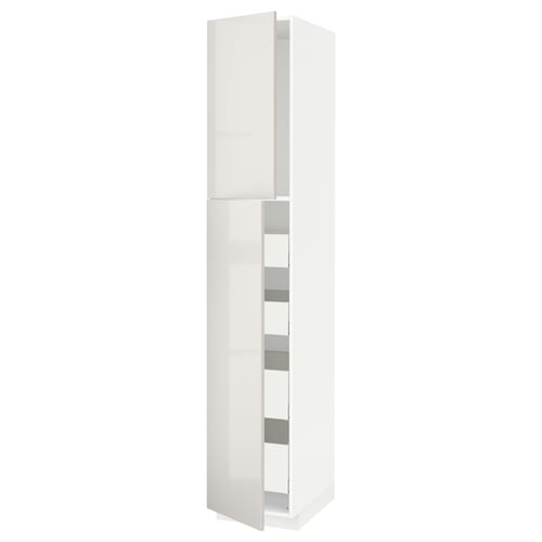 A white, tall cabinet from the METOD kitchen system. It two doors and multiple shelves inside, designed with modern aesthetics.