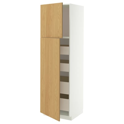 METOD / MAXIMERA Hi cab w 2 doors/4 drawers, white/Sinarp oak veneer, 60x60x200 cm
