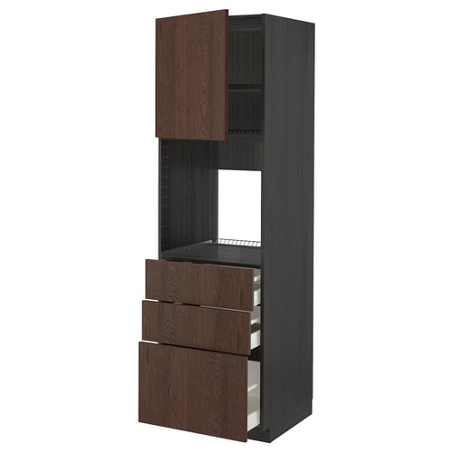 Dark brown wooden kitchen cabinet with drawers and shelves.