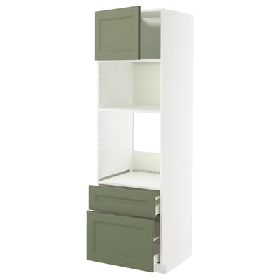 Modern green-white kitchen cabinet with open drawer and shelf.