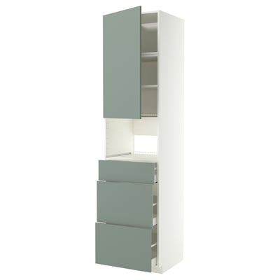 Modern kitchen cabinet in light green with three drawers and one door, tall and sleek, made from particleboard and plastic.