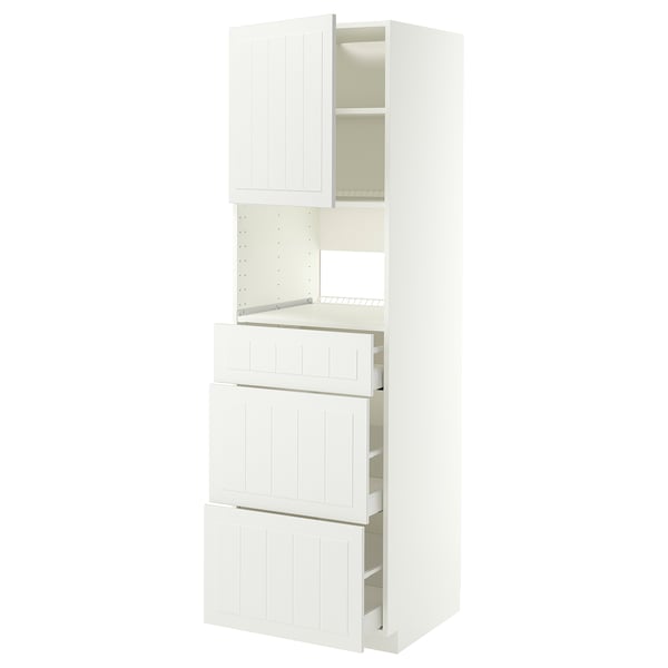 A white METOD kitchen cabinet with multiple storage options, featuring drawers and open shelves.
