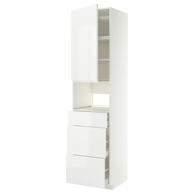 A white high gloss METOD kitchen cabinet with drawers and shelves.