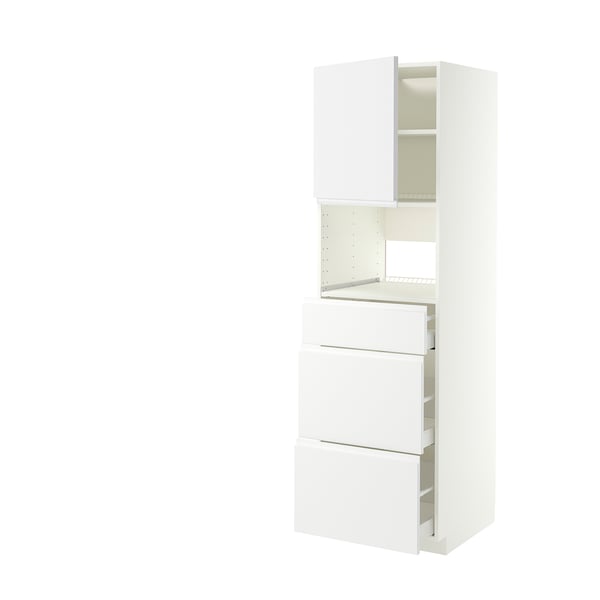 A white METOD kitchen cabinet with integrated handles, featuring a tall frame with shelves and drawers.