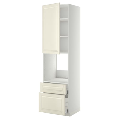A white METOD kitchen cabinet with off-white bodbyn fronts, featuring a tall unit with adjustable shelves and drawers.