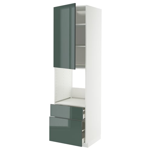 Modern tall kitchen unit with glossy green drawers and cabinet, featuring adjustable shelves and soft-close drawers.