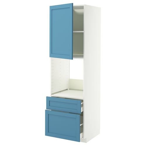 Blue & white METOD kitchen cabinet with door, drawers, adjustable shelf, & soft-close mechanism.