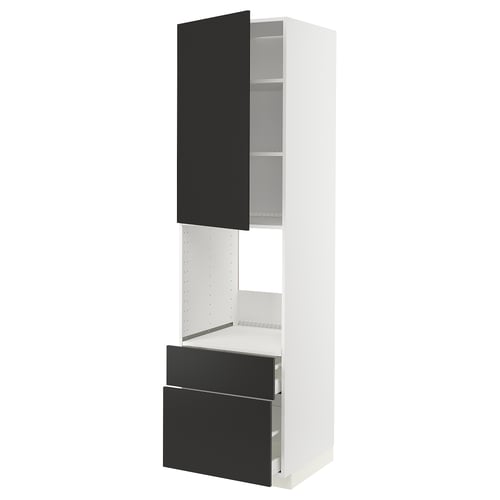 Modern black-and-white kitchen cabinet with open door and drawer.
