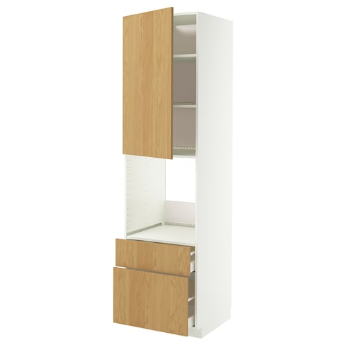 A white METOD kitchen unit with a light oak door and drawer, featuring adjustable shelves and a smooth-closing drawer.