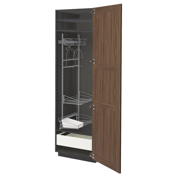 METOD / MAXIMERA High cabinet with cleaning interior, black Enköping/brown walnut effect, 60x60x200 cm