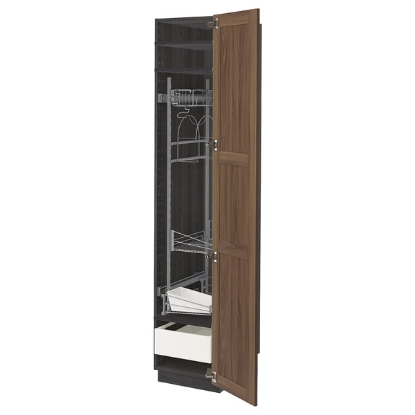 METOD / MAXIMERA High cabinet with cleaning interior, black Enköping/brown walnut effect, 40x60x200 cm