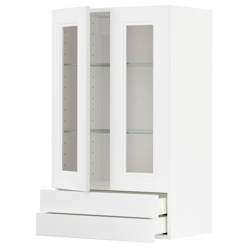 Modern white kitchen units: two glass-door cabinets and a drawer. Clean, minimalist design.