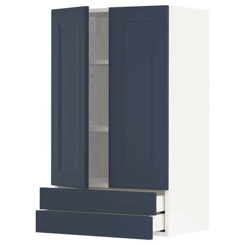 Blue kitchen cabinet with adjustable shelf and pull-out drawer.