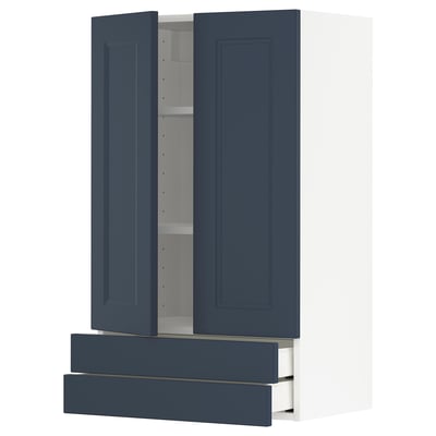 Blue kitchen cabinet with adjustable shelf and pull-out drawer.