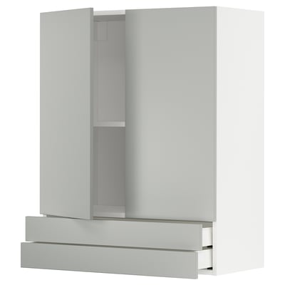 A white METOD kitchen cabinet set with modern design, featuring sleek light grey havstorp handles.