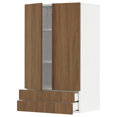 Wooden kitchen cabinet with walnut finish, featuring two large doors and two drawers, set against a white background.