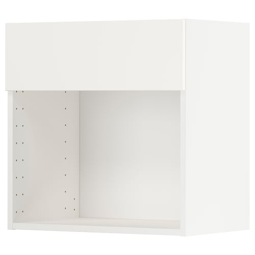 A white METOD kitchen cabinet with adjustable shelves and screwless hinges.