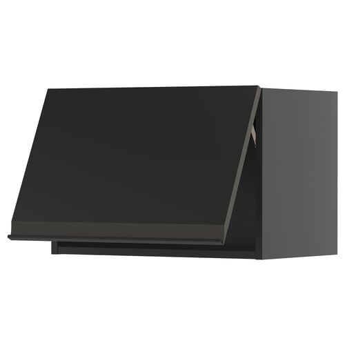 Black modern kitchen cabinet, sleek matte finish, rectangular shape, handle-less design.