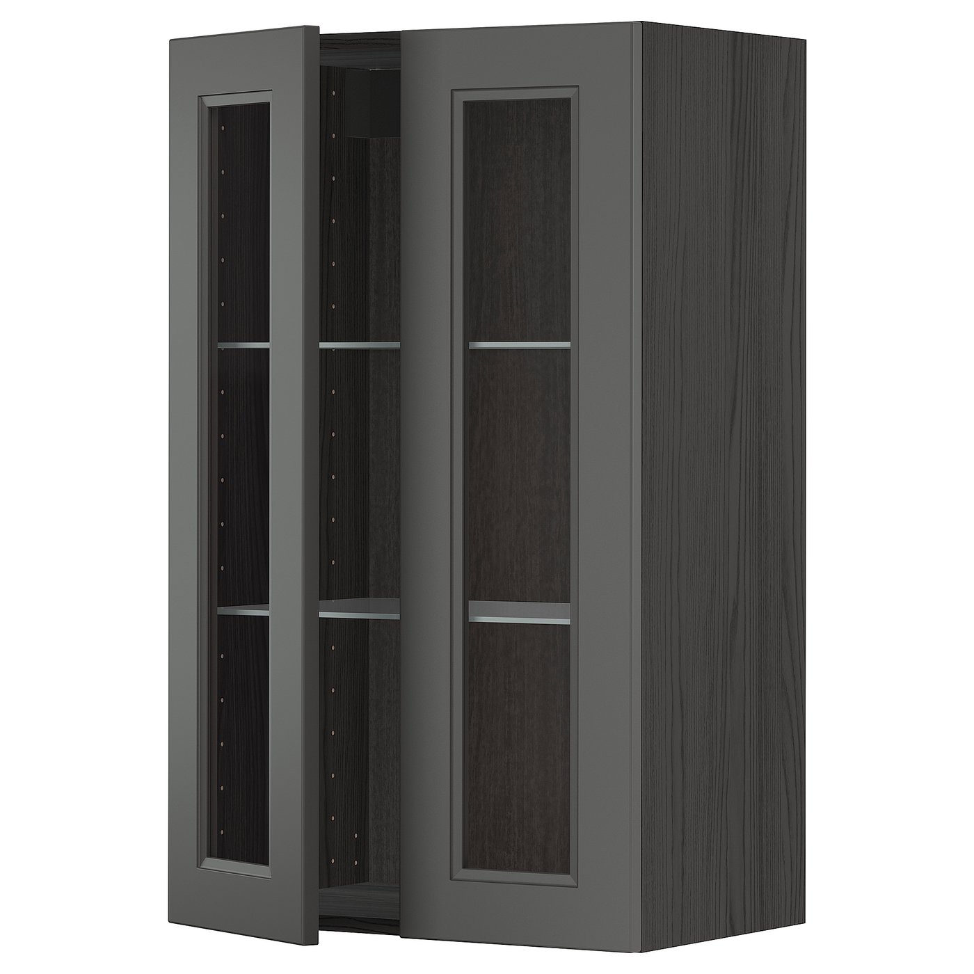 METOD wall with shelves/2 glass doors, black/Axstad dark grey