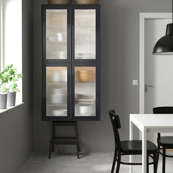 METOD wall with shelves/2 glass doors, black/Hejsta anthracite