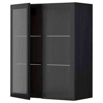 METOD Wall cabinet w shelves/2 glass drs, black/Hejsta anthracite reeded glass, 80x100 cm