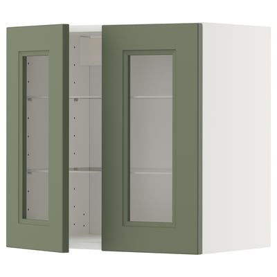 METOD Wall cabinet w shelves/2 glass drs, white/Axstad grey-green, 60x60 cm