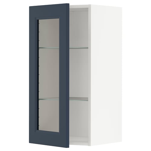 Blue glass door open on white cabinet, adjustable shelves.
