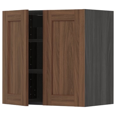METOD Wall cabinet with shelves/2 doors, black Enköping/brown walnut effect, 60x60 cm