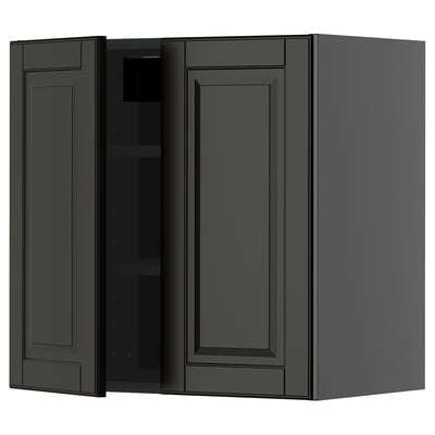 METOD Wall cabinet with shelves/2 doors, black-grey/Bodbyn black, 60x60 cm