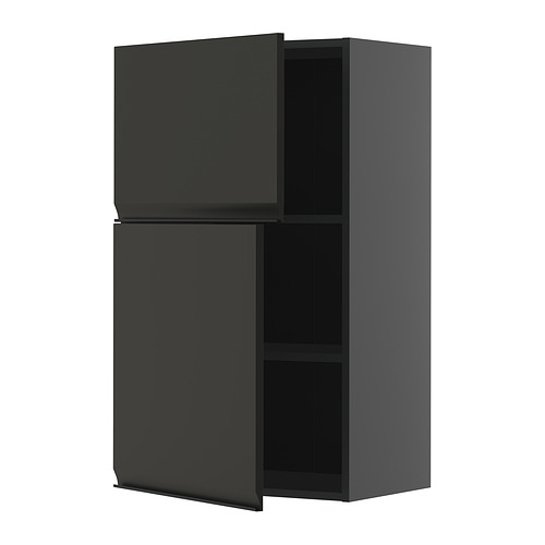 Open grey kitchen cabinet, modern design with sleek black handles, two compartments.