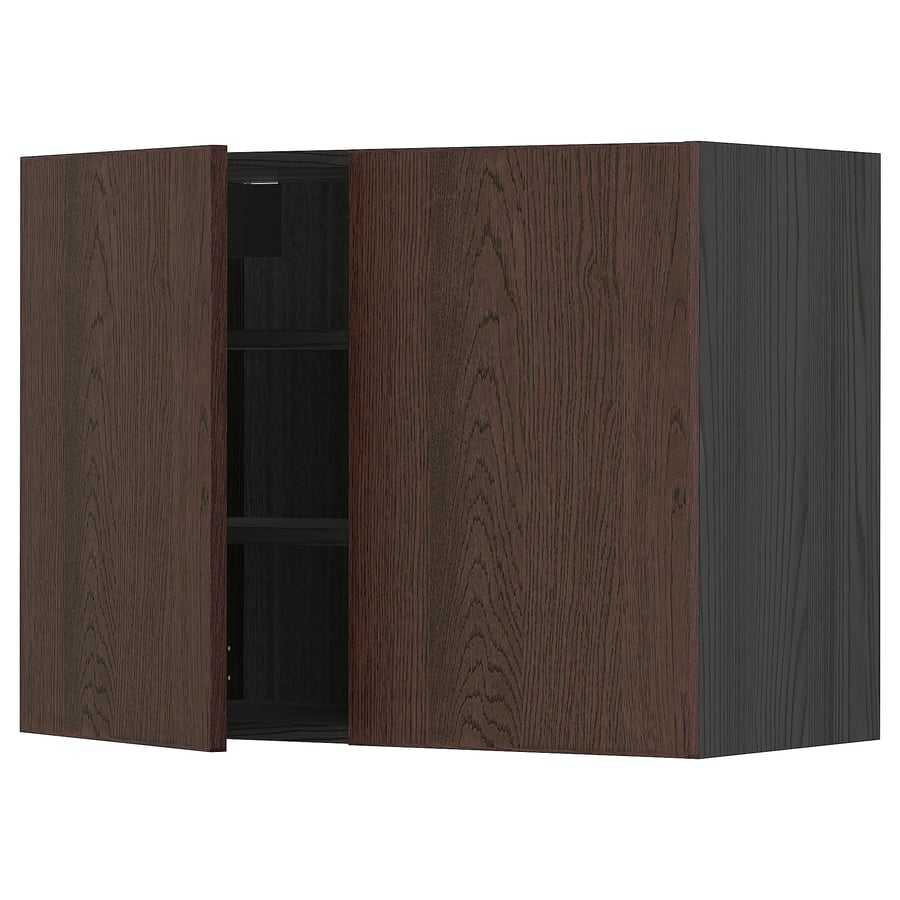 METOD wall with shelves/2 doors, black/Sinarp brown, 80x60 cm