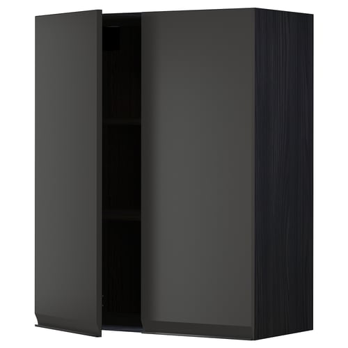 Open black modern kitchen cabinet with wooden texture and adjustable shelf.