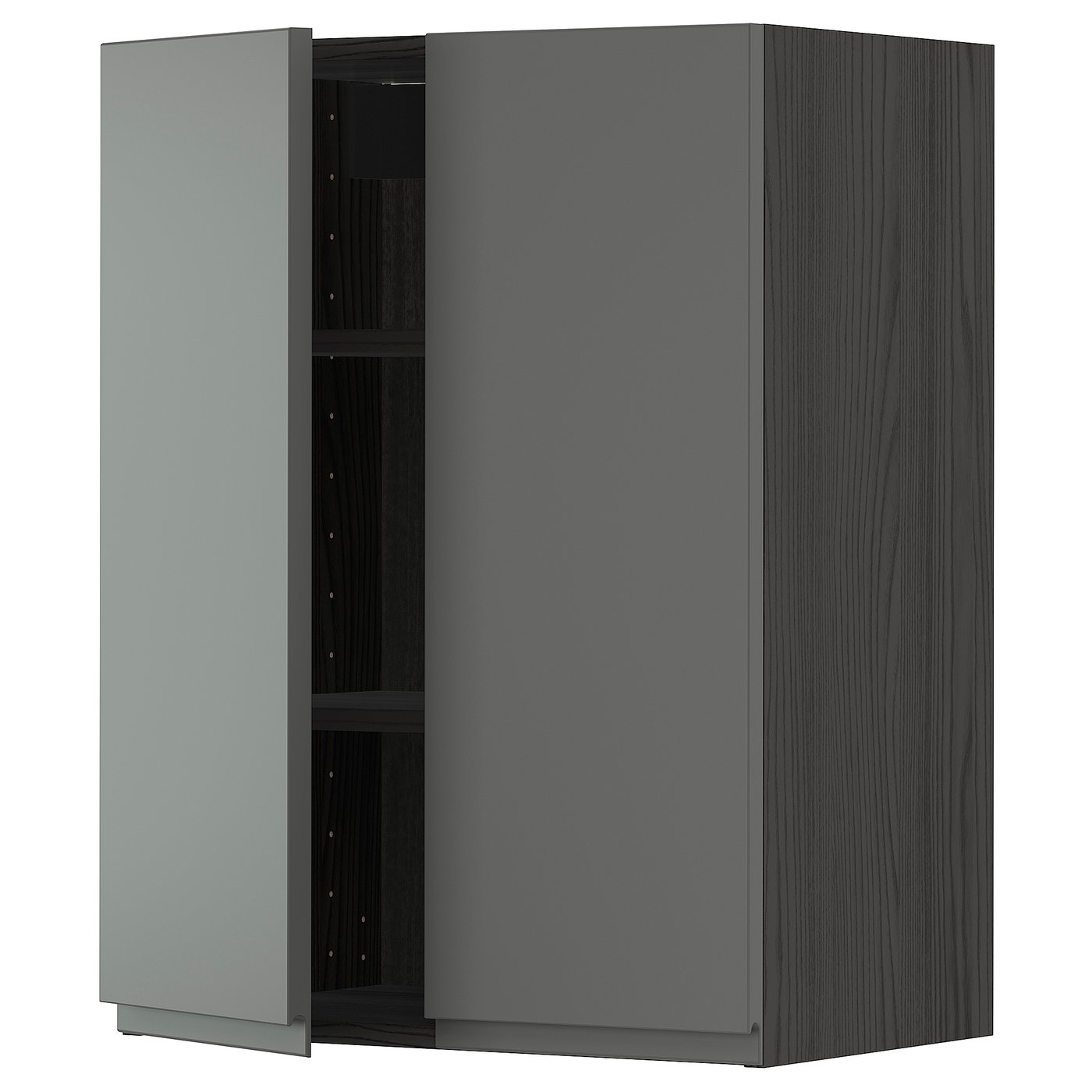 METOD black, Voxtorp dark grey, Wall with shelves/2 doors