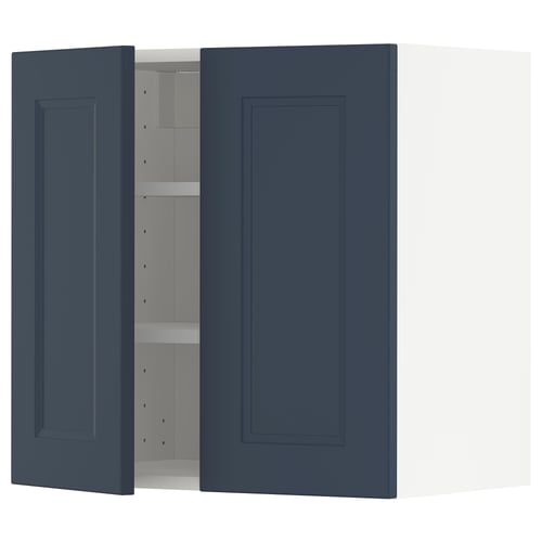 Blue METOD kitchen cabinet with one open door, rectangular shape, flat panel design.