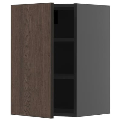 Open wall cabinet in grey and dark wood, rectangular shape with one shelf.