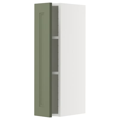 Ikea METOD kitchen cabinet in grey-green with white frame.
